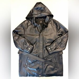 Wilsons Leather Men’s Black Long Belted Hood Leather Jacket Size- XL